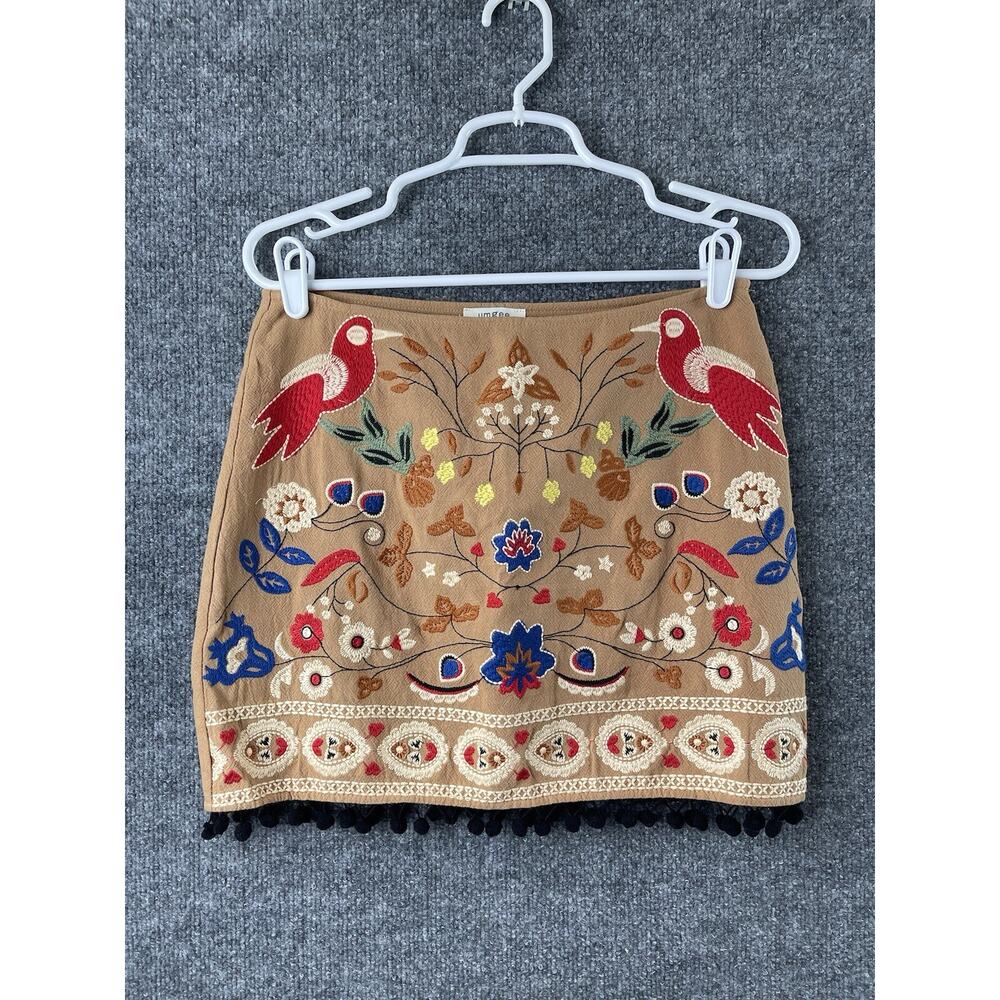 Umgee Boho Floral Embroidered Mini Skirt Bird Pom-Poms Tan Festival Small